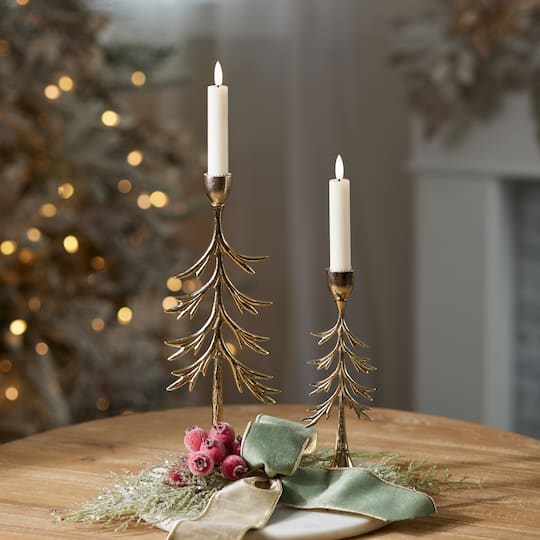 Melrose Metal Pine Tree Taper Candle Holder Set